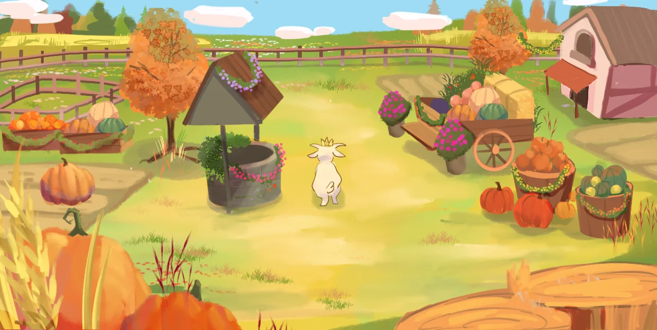 The finished painted farm scene with the crowned goat